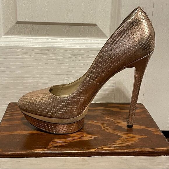 Brian Atwood Rose Gold Snakeskin Embossed Stiletto Platform Ultra High Heels 8.5 - Picture 4 of 14